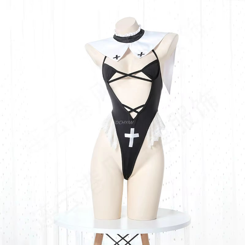 Sexy Lingerie for Woman Maid Uniform Nun Cosplay Costumes Hot Bikini Top Hollow Bodysuit Ultra Short Clothing Maids Outfit