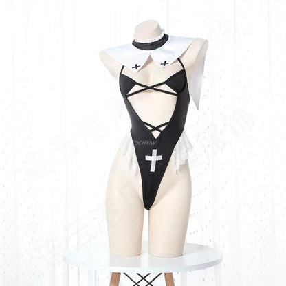 Sexy Lingerie for Woman Maid Uniform Nun Cosplay Costumes Hot Bikini Top Hollow Bodysuit Ultra Short Clothing Maids Outfit