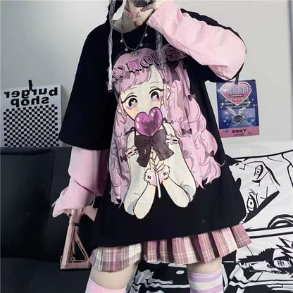 Harajuku Anime Hoodies Alt Kawaii Girls Fake Two Piece Top Striped Long Sleeve Y2K Pullover BF Korean Japanese Sweatshirt Teens