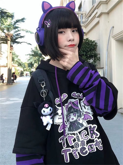 Harajuku Anime Hoodies Alt Kawaii Girls Fake Two Piece Top Striped Long Sleeve Y2K Pullover BF Korean Japanese Sweatshirt Teens