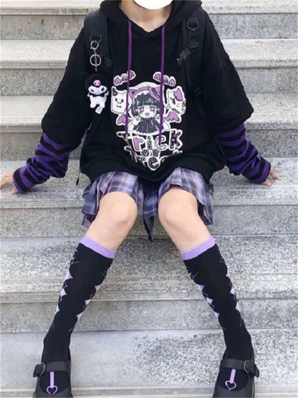 Harajuku Anime Hoodies Alt Kawaii Girls Fake Two Piece Top Striped Long Sleeve Y2K Pullover BF Korean Japanese Sweatshirt Teens