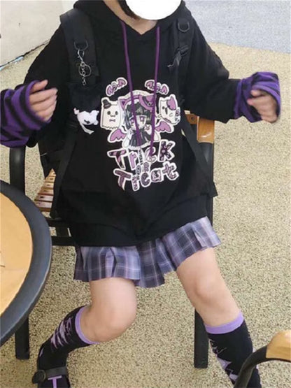 Harajuku Anime Hoodies Alt Kawaii Girls Fake Two Piece Top Striped Long Sleeve Y2K Pullover BF Korean Japanese Sweatshirt Teens