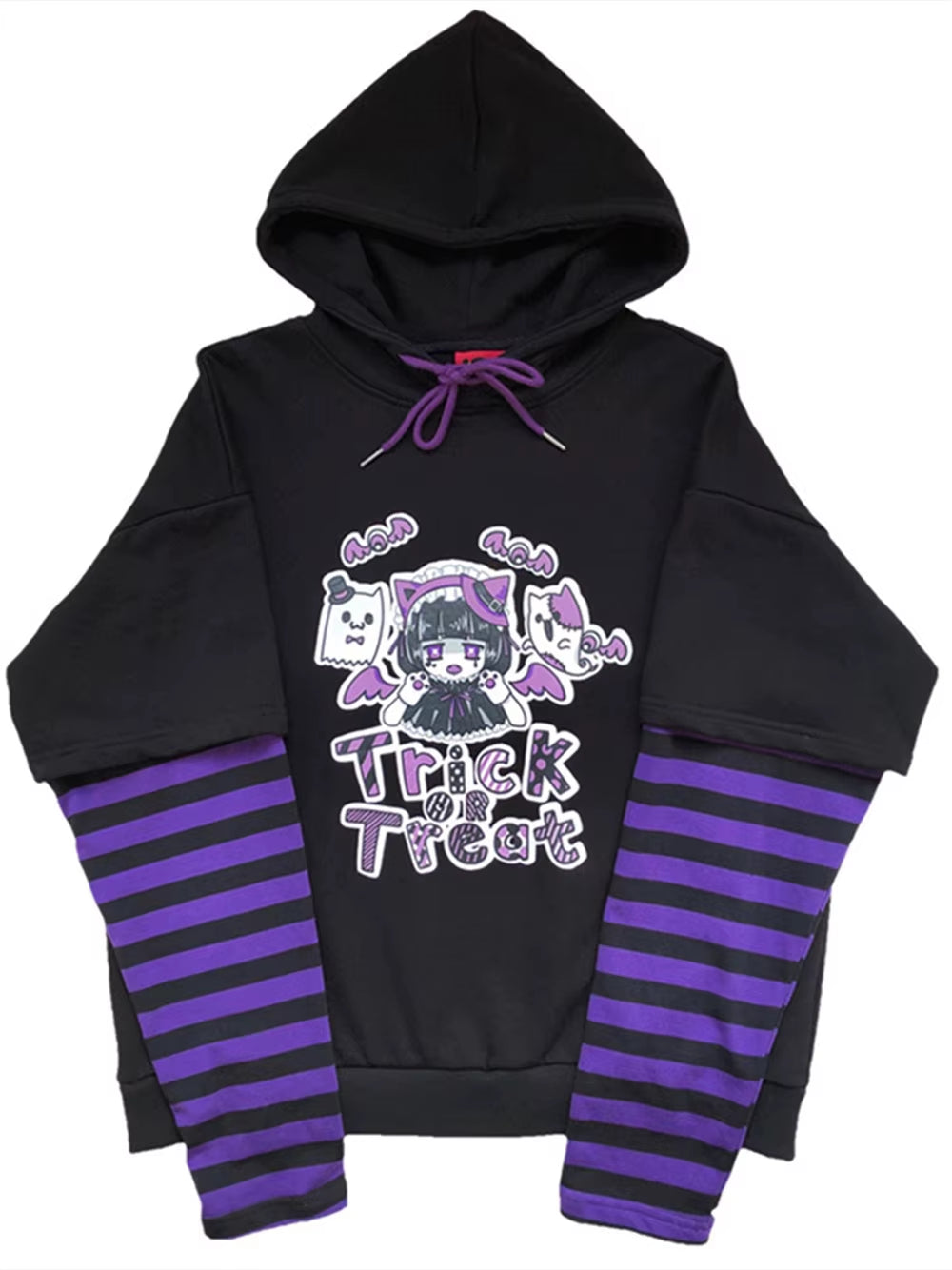 Harajuku Anime Hoodies Alt Kawaii Girls Fake Two Piece Top Striped Long Sleeve Y2K Pullover BF Korean Japanese Sweatshirt Teens