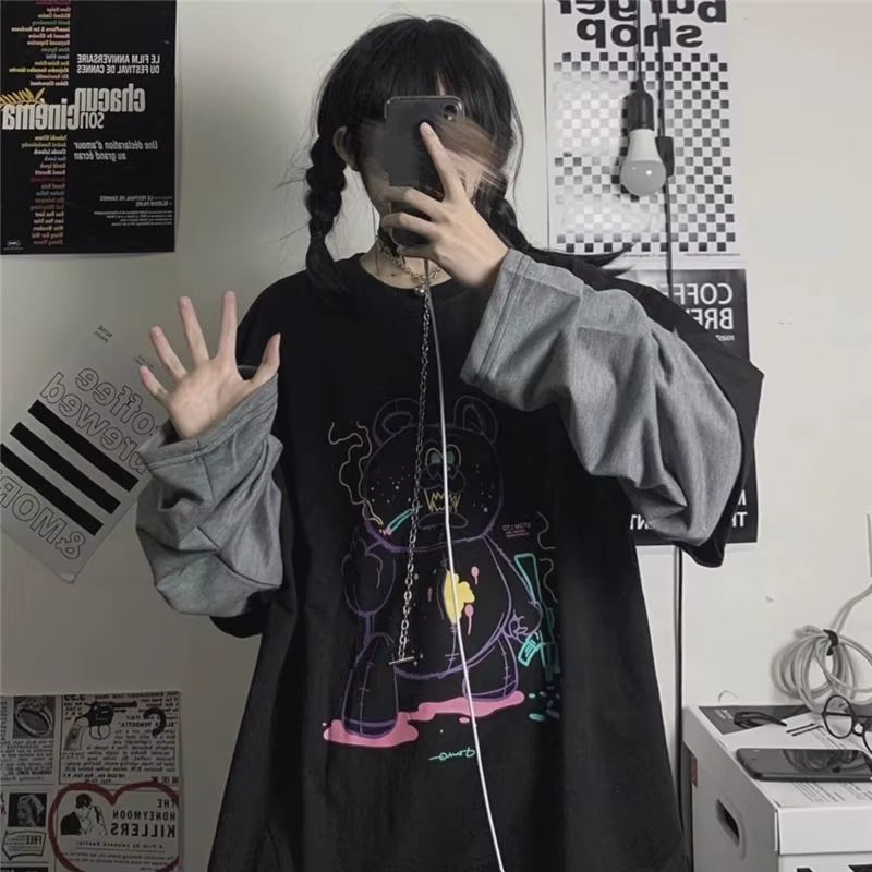 Harajuku Anime Hoodies Alt Kawaii Girls Fake Two Piece Top Striped Long Sleeve Y2K Pullover BF Korean Japanese Sweatshirt Teens