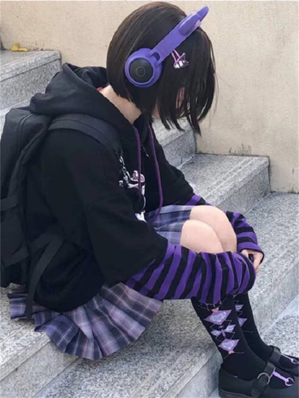 Harajuku Anime Hoodies Alt Kawaii Girls Fake Two Piece Top Striped Long Sleeve Y2K Pullover BF Korean Japanese Sweatshirt Teens