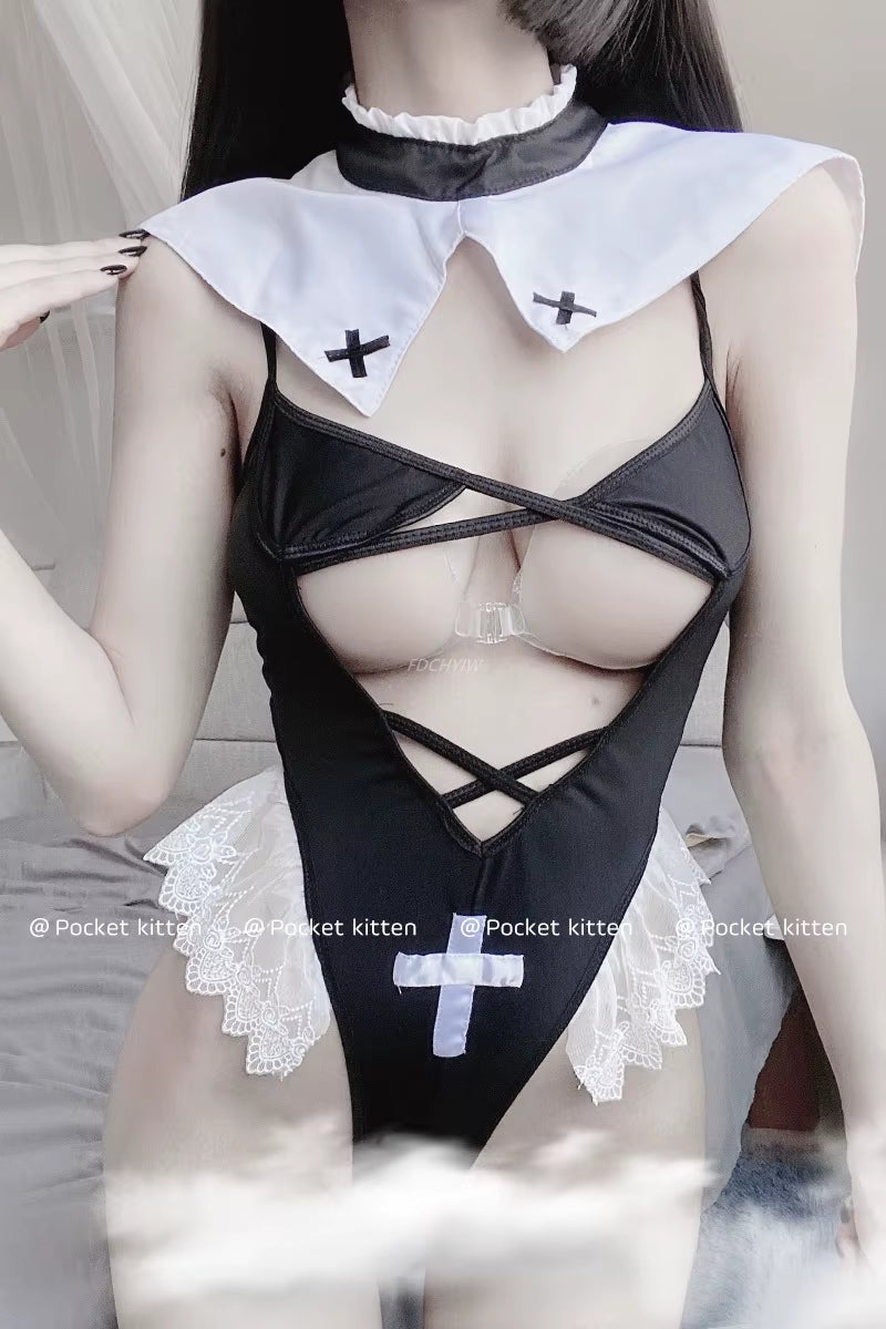 Sexy Lingerie for Woman Maid Uniform Nun Cosplay Costumes Hot Bikini Top Hollow Bodysuit Ultra Short Clothing Maids Outfit