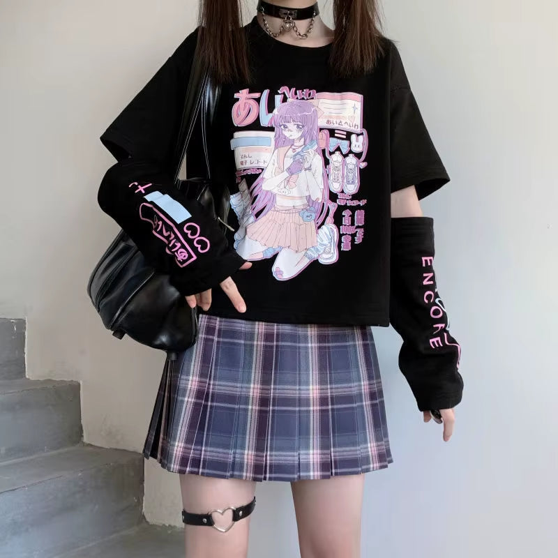 Harajuku Anime Hoodies Alt Kawaii Girls Fake Two Piece Top Striped Long Sleeve Y2K Pullover BF Korean Japanese Sweatshirt Teens