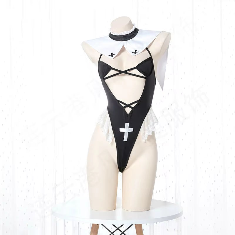 Sexy Lingerie for Woman Maid Uniform Nun Cosplay Costumes Hot Bikini Top Hollow Bodysuit Ultra Short Clothing Maids Outfit