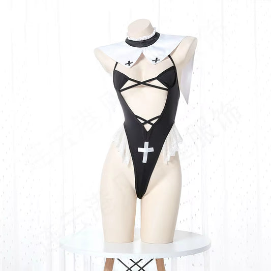 Sexy Lingerie for Woman Maid Uniform Nun Cosplay Costumes Hot Bikini Top Hollow Bodysuit Ultra Short Clothing Maids Outfit