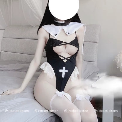 Sexy Lingerie for Woman Maid Uniform Nun Cosplay Costumes Hot Bikini Top Hollow Bodysuit Ultra Short Clothing Maids Outfit